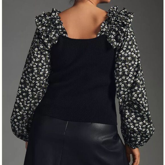 NWT Anthropologie Woven Ruffle Sleeve Sweater - Black Floral - Small - Picture 9 of 11